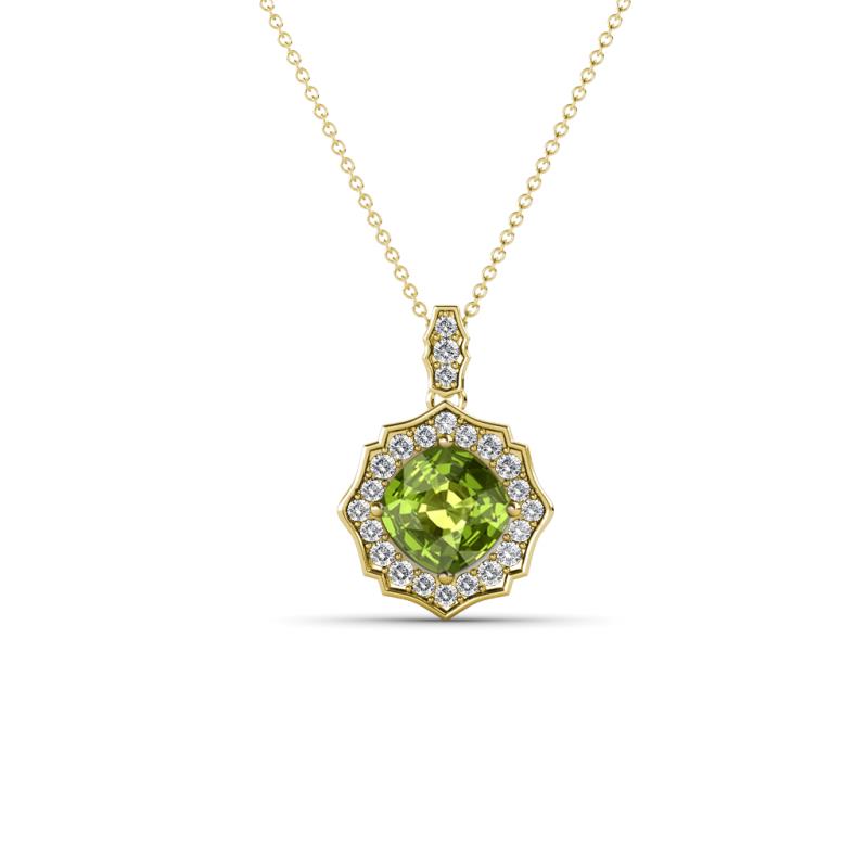 Carmel 5.00 mm Cushion Cut Peridot and Round Diamond Scallop Frame Halo Pendant Necklace 