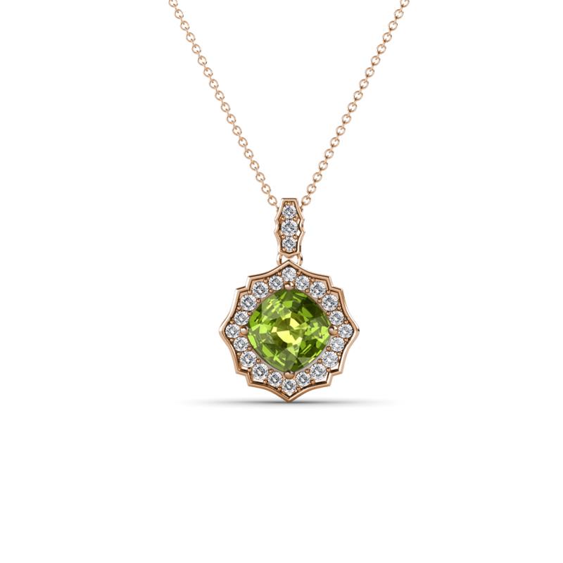 Carmel 5.00 mm Cushion Cut Peridot and Round Diamond Scallop Frame Halo Pendant Necklace 