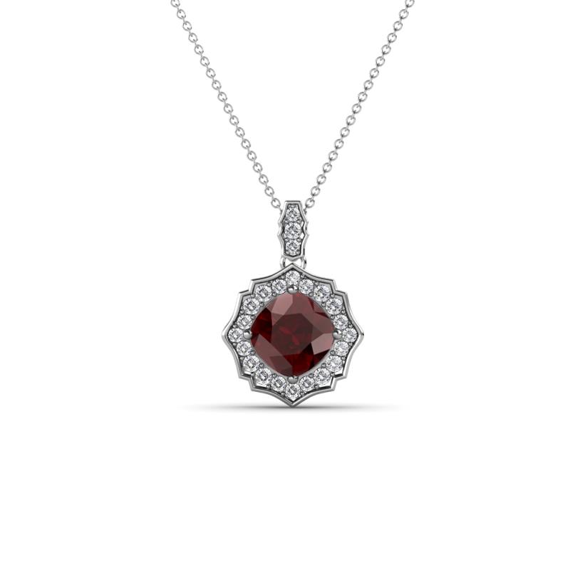 Carmel 5.00 mm Cushion Cut Red Garnet and Round Diamond Scallop Frame Halo Pendant Necklace 
