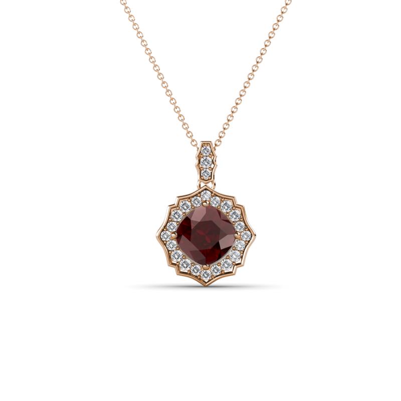 Carmel 5.00 mm Cushion Cut Red Garnet and Round Diamond Scallop Frame Halo Pendant Necklace 