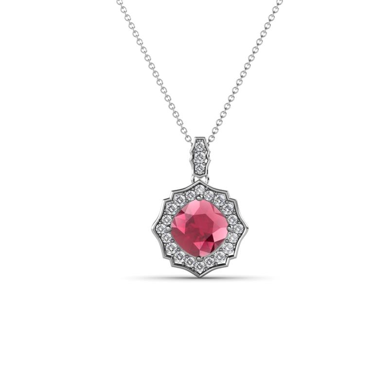 Carmel 5.00 mm Cushion Cut Rhodolite Garnet and Round Diamond Scallop Frame Halo Pendant Necklace 