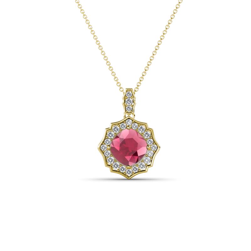 Carmel 5.00 mm Cushion Cut Rhodolite Garnet and Round Diamond Scallop Frame Halo Pendant Necklace 