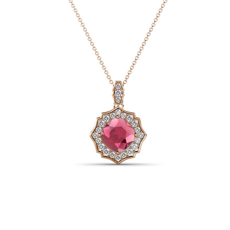Carmel 5.00 mm Cushion Cut Rhodolite Garnet and Round Diamond Scallop Frame Halo Pendant Necklace 