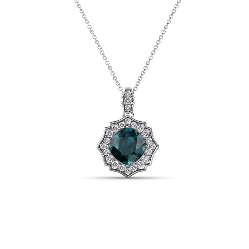 Carmel 5.00 mm Cushion Cut London Blue Topaz and Round Diamond Scallop Frame Halo Pendant Necklace 