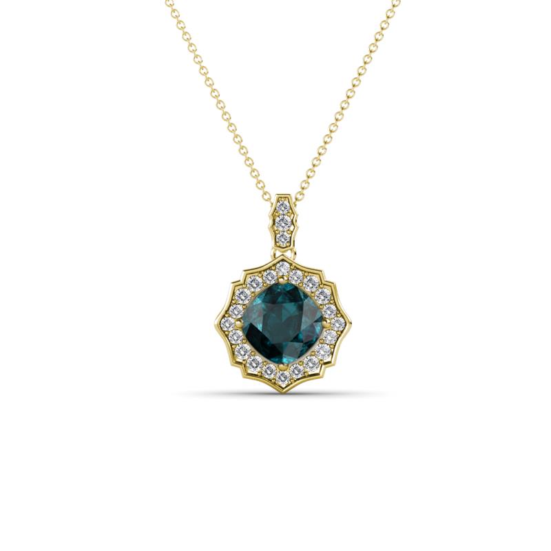 Carmel 5.00 mm Cushion Cut London Blue Topaz and Round Diamond Scallop Frame Halo Pendant Necklace 