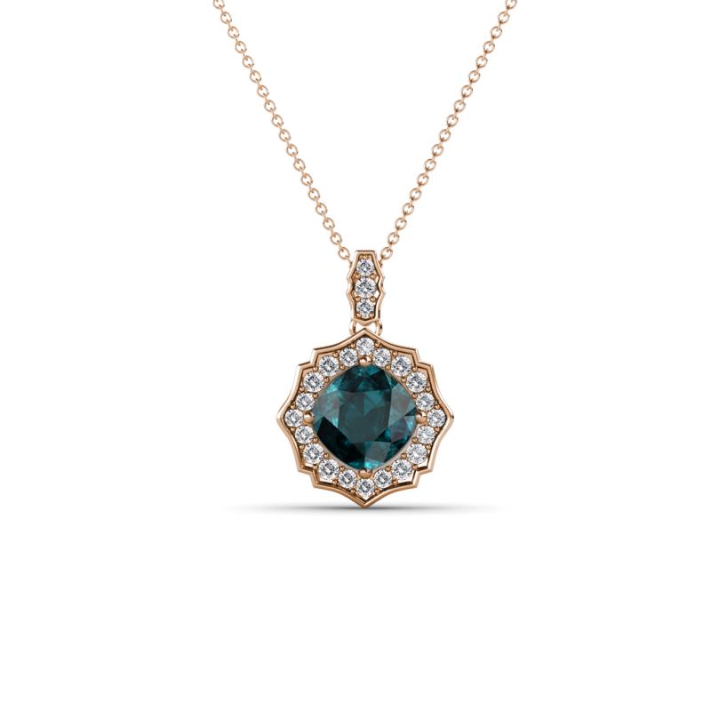 Carmel 5.00 mm Cushion Cut London Blue Topaz and Round Diamond Scallop Frame Halo Pendant Necklace 