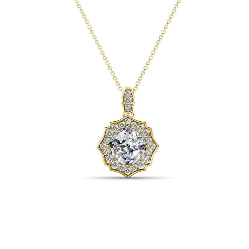 Carmel 5.00 mm Cushion Cut Forever Brilliant Moissanite and Round Diamond Scallop Frame Halo Pendant Necklace 