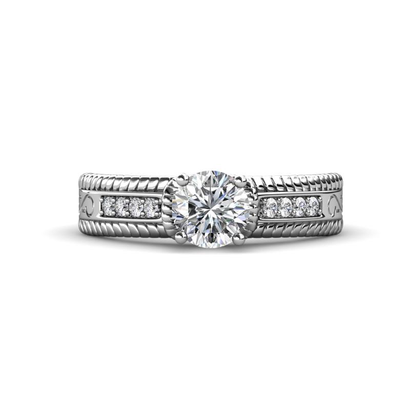 Moira Classic Round Forever Brilliant Moissanite and Diamond Crisscross Shank Engagement Ring 