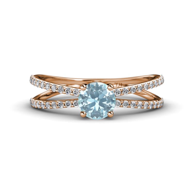Flavia Classic Round Aquamarine and Diamond Criss Cross Engagement Ring 