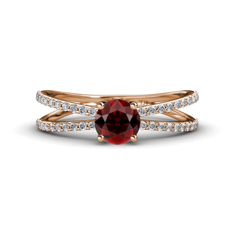 Flavia Classic Round Red Garnet and Diamond Criss Cross Engagement Ring 