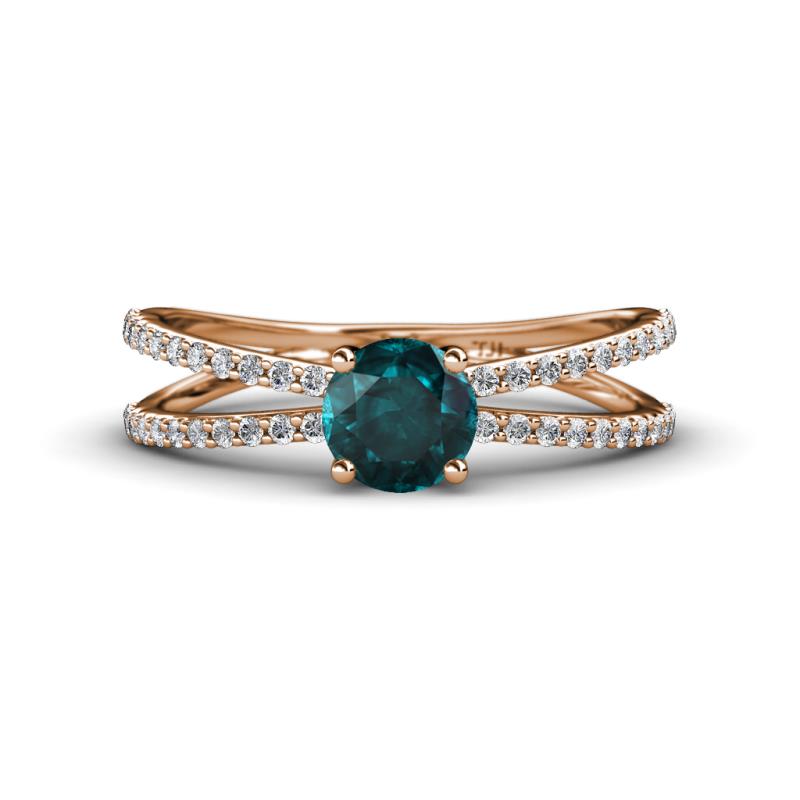 Flavia Classic Round London Blue Topaz and Diamond Criss Cross Engagement Ring 