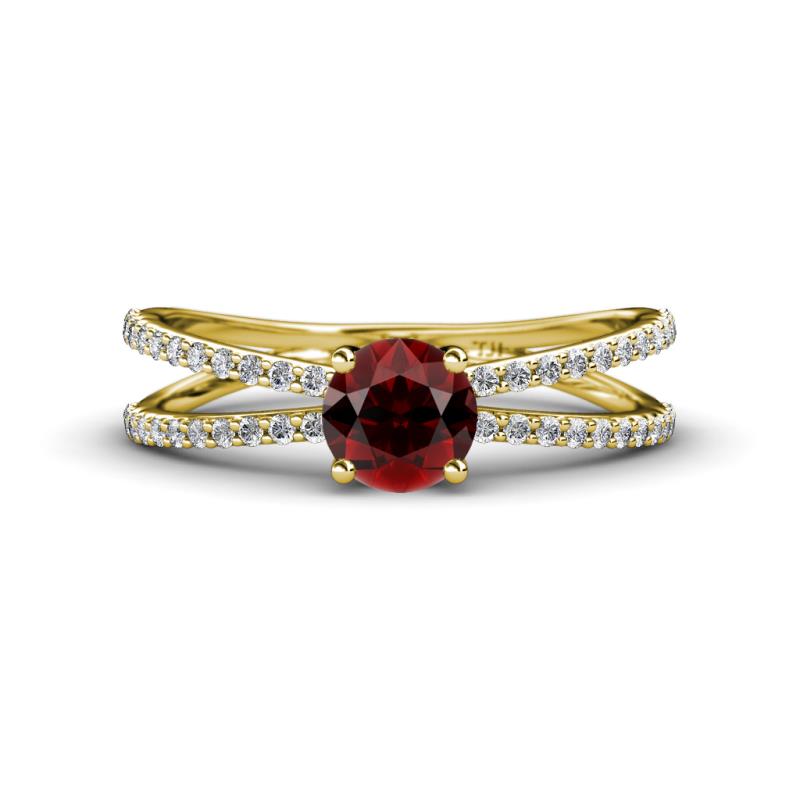 Flavia Classic Round Red Garnet and Diamond Criss Cross Engagement Ring 