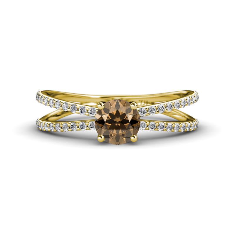 Flavia Classic Round Smoky Quartz and Diamond Criss Cross Engagement Ring 
