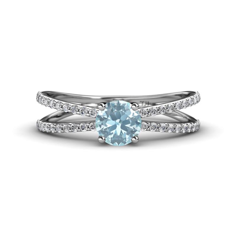 Flavia Classic Round Aquamarine and Diamond Criss Cross Engagement Ring 