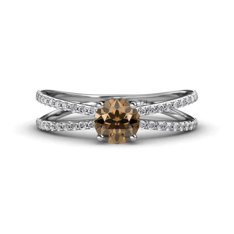 Flavia Classic Round Smoky Quartz and Diamond Criss Cross Engagement Ring 