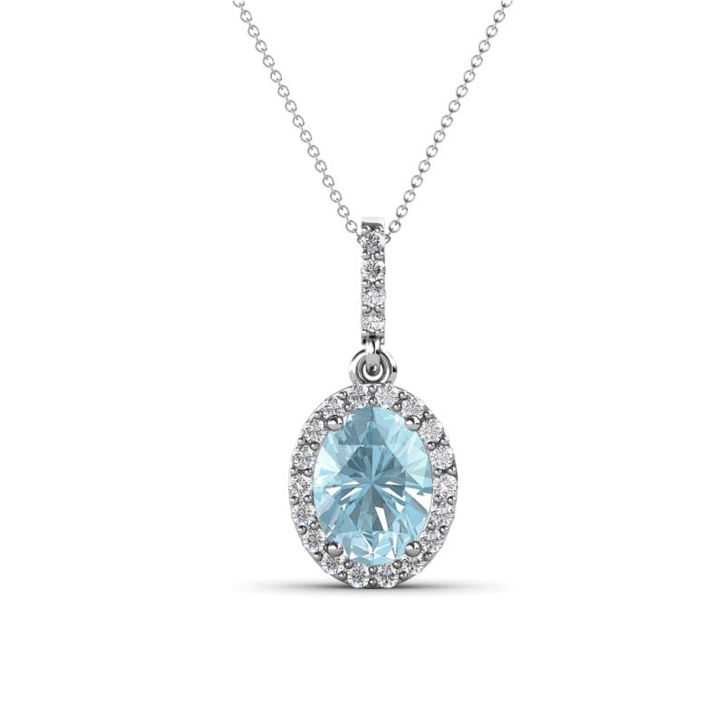 Esha 8x6 mm Oval Cut Aquamarine and Round Diamond Halo Pendant Necklace 
