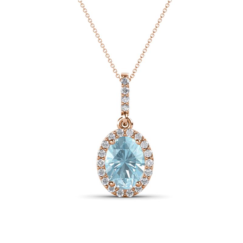 Esha 8x6 mm Oval Cut Aquamarine and Round Diamond Halo Pendant Necklace 