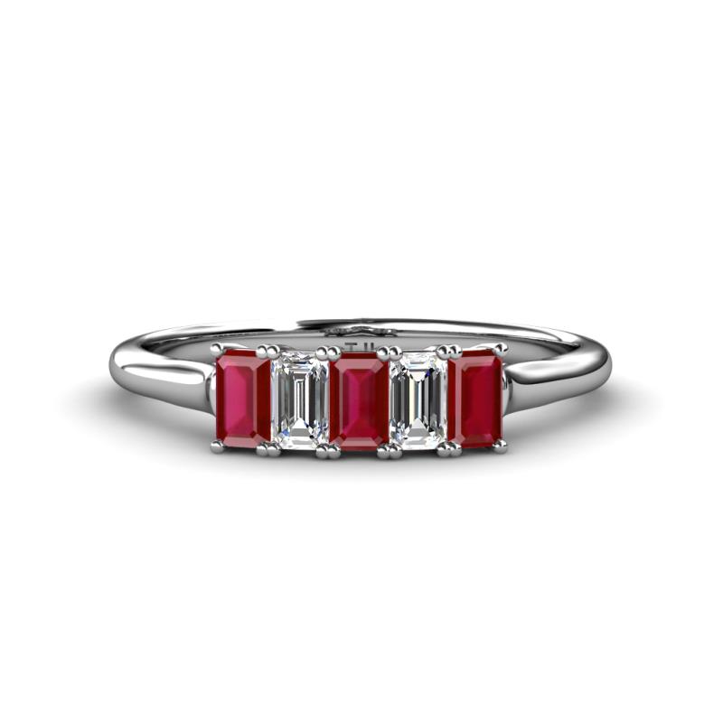 Noura 5x3 mm Emerald Cut Ruby and Diamond 5 Stone Wedding Band 