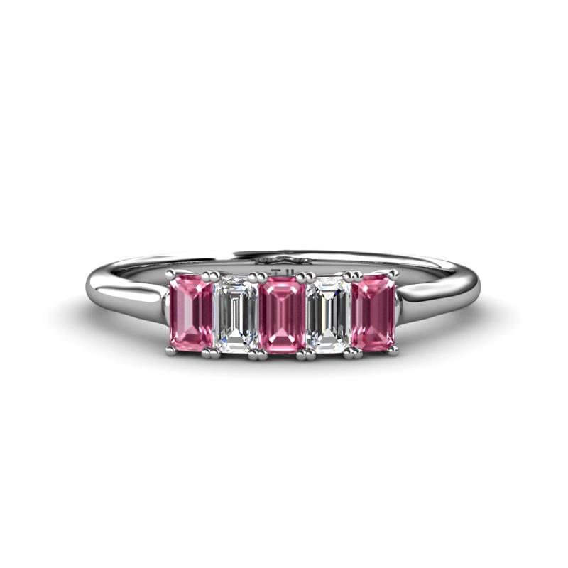 Noura 5x3 mm Emerald Cut Pink Tourmaline and Diamond 5 Stone Wedding Band 