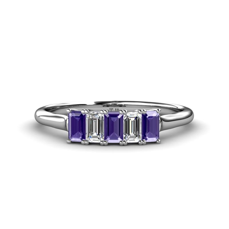 Noura 5x3 mm Emerald Cut Iolite and Diamond 5 Stone Wedding Band 