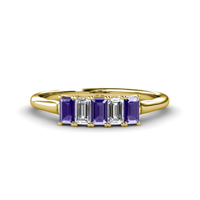 Noura 5x3 mm Emerald Cut Iolite and Diamond 5 Stone Wedding Band 