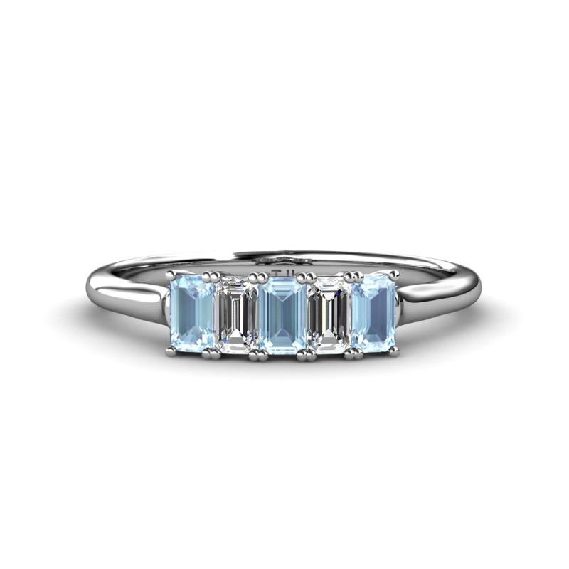Noura 5x3 mm Emerald Cut Aquamarine and Diamond 5 Stone Wedding Band 