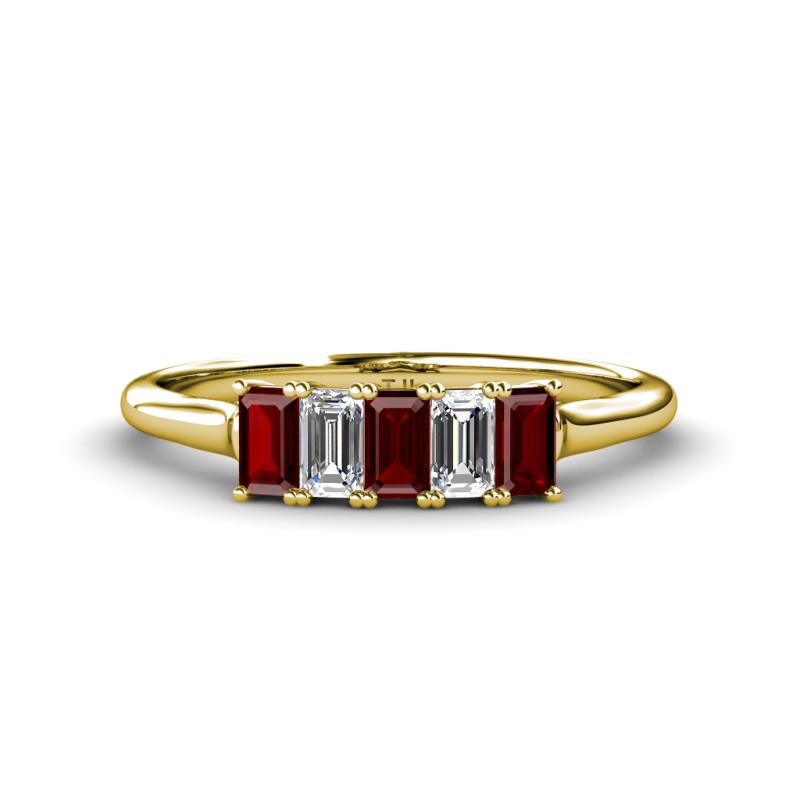 Noura 5x3 mm Emerald Cut Red Garnet and Diamond 5 Stone Wedding Band 