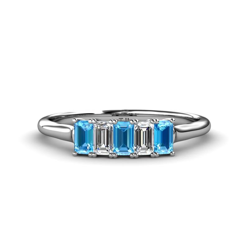 Noura 5x3 mm Emerald Cut Blue Topaz and Diamond 5 Stone Wedding Band 