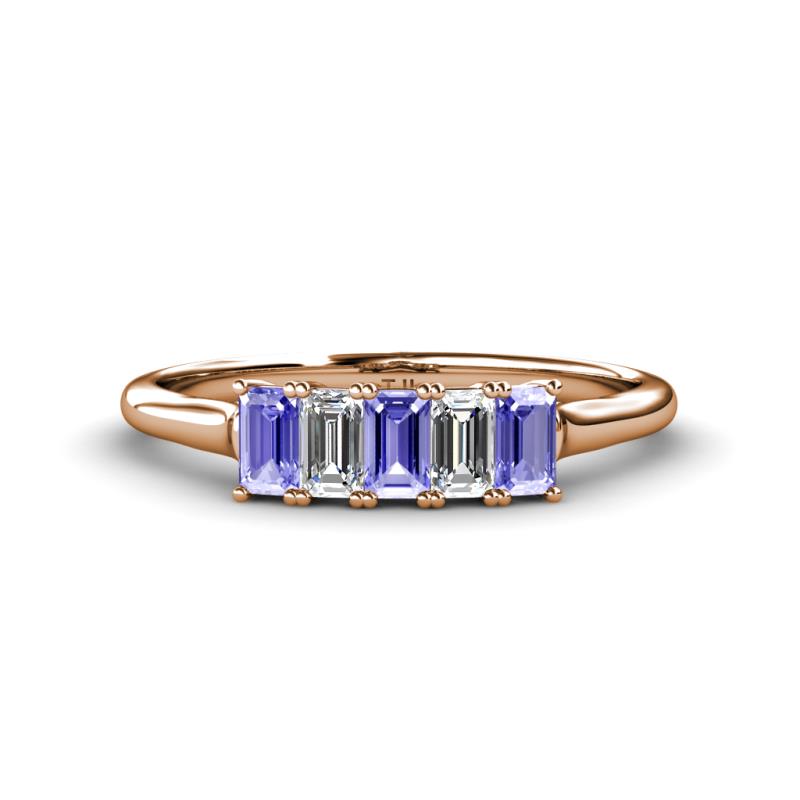 Noura 5x3 mm Emerald Cut Tanzanite and Diamond 5 Stone Wedding Band 