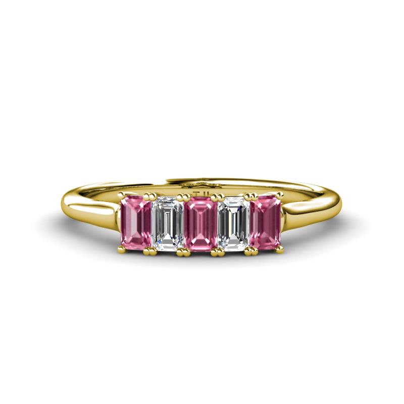 Noura 5x3 mm Emerald Cut Pink Tourmaline and Diamond 5 Stone Wedding Band 
