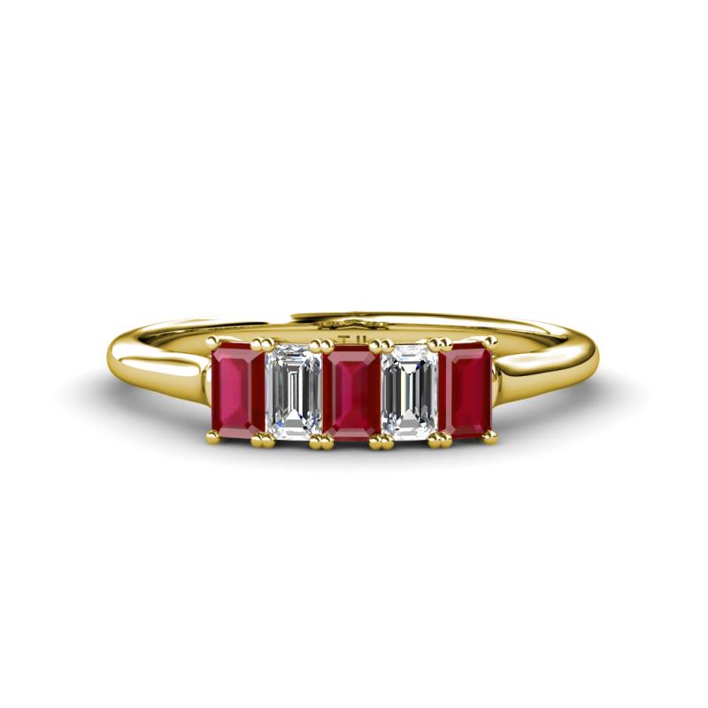 Noura 5x3 mm Emerald Cut Ruby and Lab Grown Diamond 5 Stone Wedding Band 