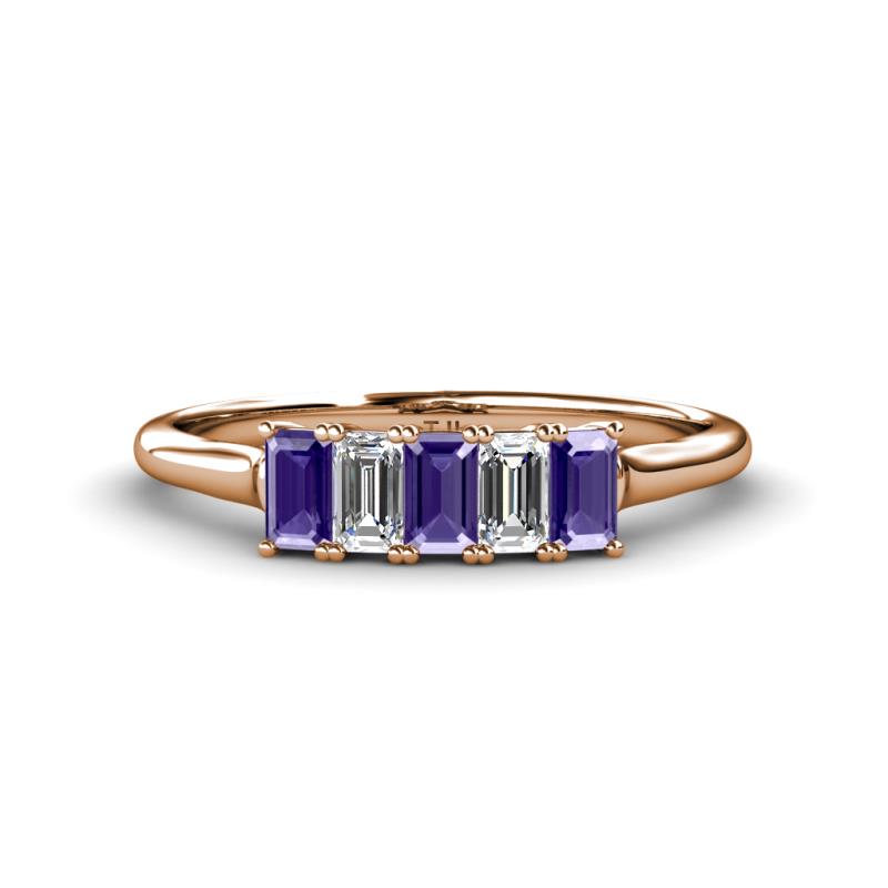 Noura 5x3 mm Emerald Cut Iolite and Lab Grown Diamond 5 Stone Wedding Band 