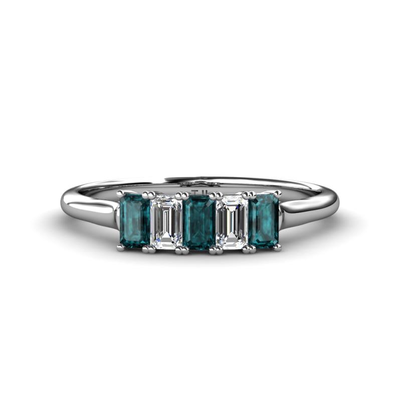 Noura 5x3 mm Emerald Cut London Blue Topaz and Lab Grown Diamond 5 Stone Wedding Band 