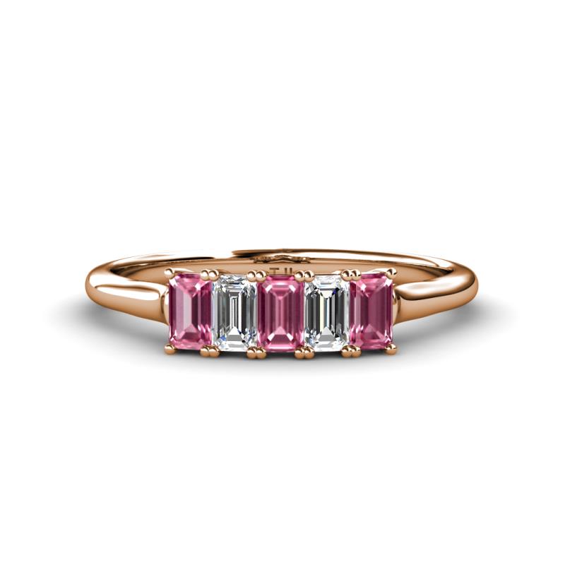 Noura 5x3 mm Emerald Cut Pink Tourmaline and Lab Grown Diamond 5 Stone Wedding Band 