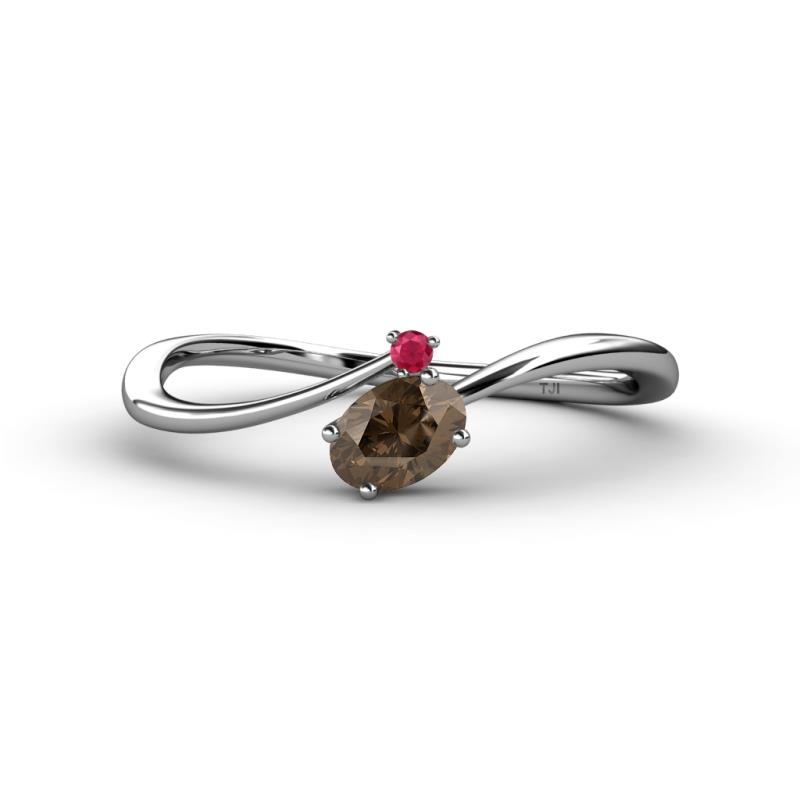 Lucie Bold Oval Cut Smoky Quartz and Round Ruby 2 Stone Promise Ring 