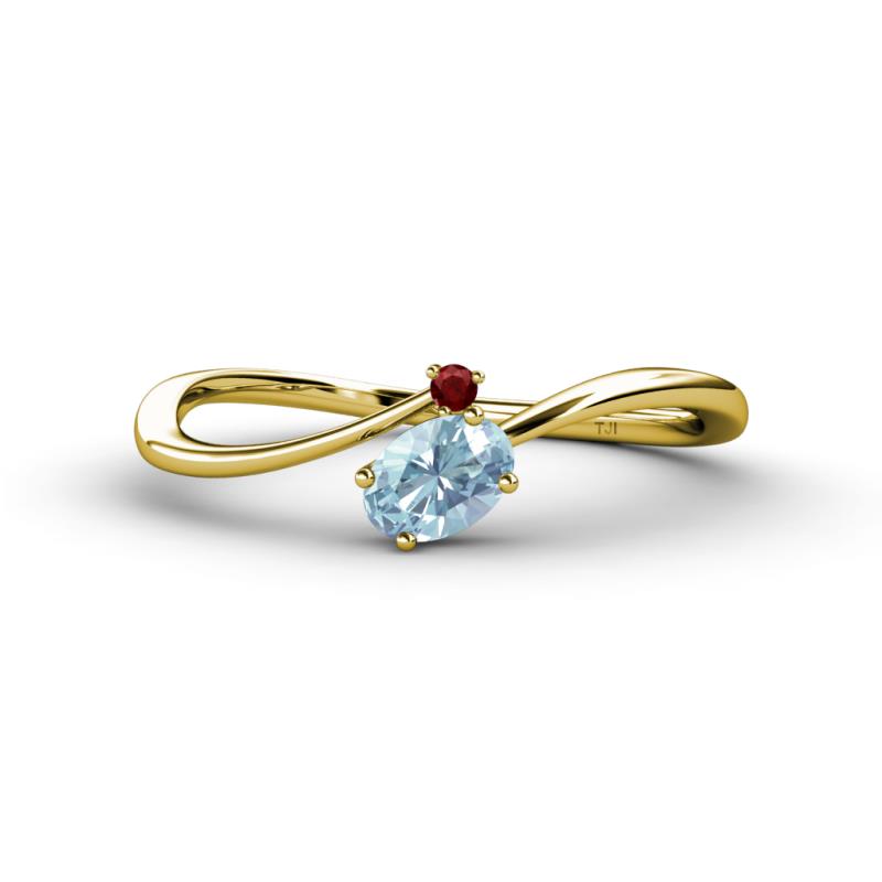 Lucie Bold Oval Cut Aquamarine and Round Red Garnet 2 Stone Promise Ring 