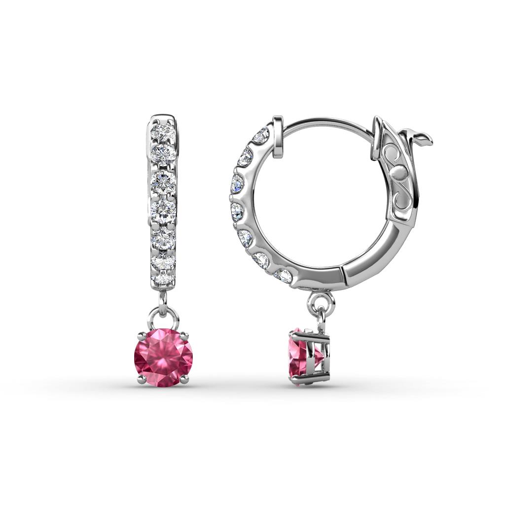 Nita (4mm) Round Pink Tourmaline and Diamond Dangle Huggie Hoop Earrings 