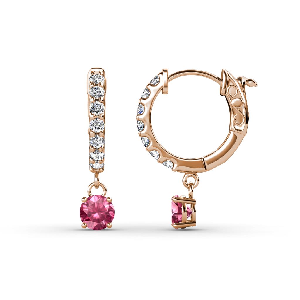 Nita (4mm) Round Pink Tourmaline and Diamond Dangle Huggie Hoop Earrings 