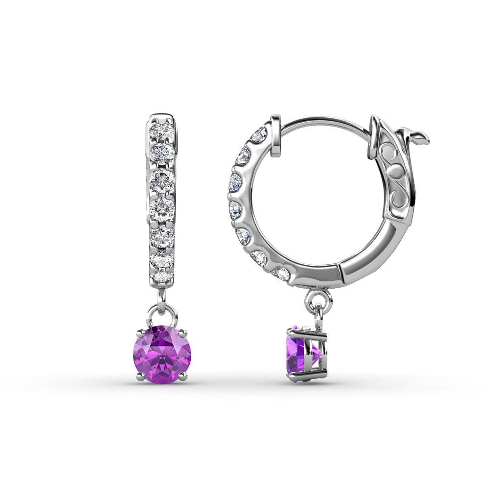 Nita (4mm) Round Amethyst and Diamond Dangle Huggie Hoop Earrings 