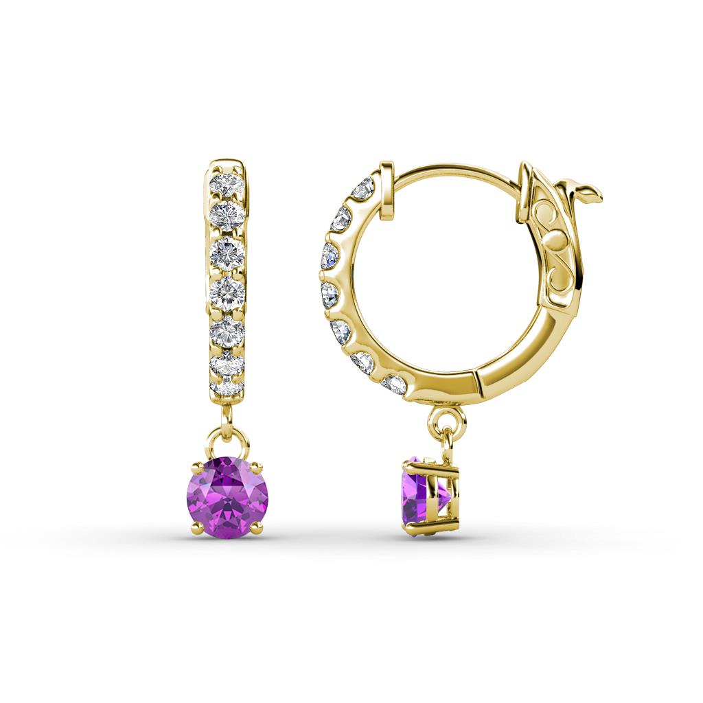 Nita (4mm) Round Amethyst and Diamond Dangle Huggie Hoop Earrings 