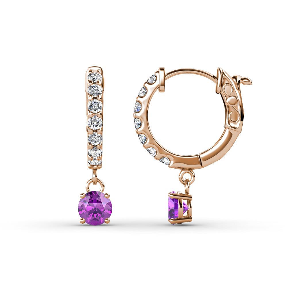 Nita (4mm) Round Amethyst and Diamond Dangle Huggie Hoop Earrings 