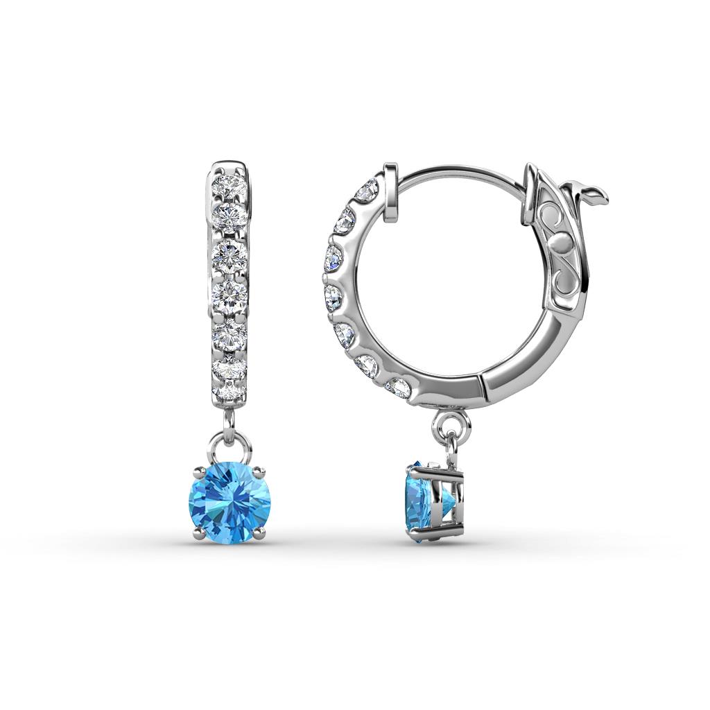 Nita (4mm) Round Blue Topaz and Diamond Dangle Huggie Hoop Earrings 
