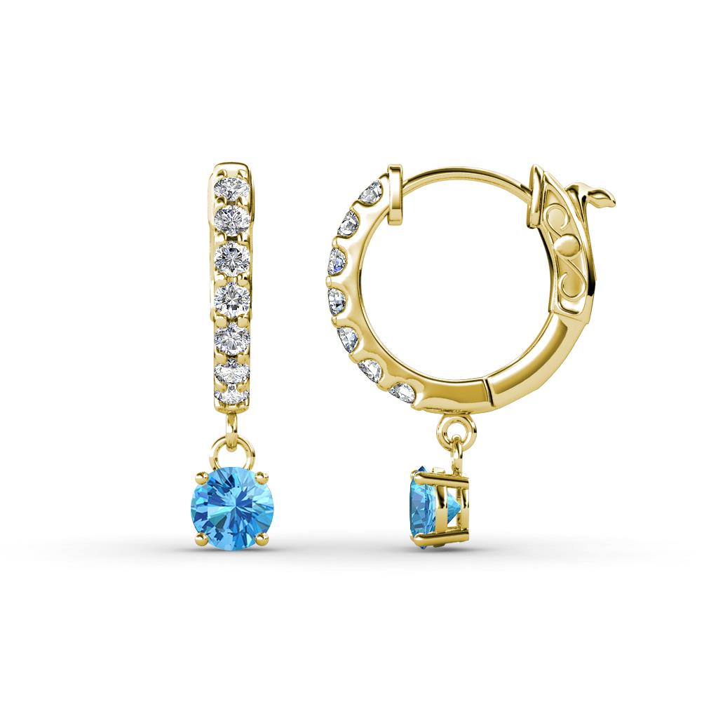 Nita (4mm) Round Blue Topaz and Diamond Dangle Huggie Hoop Earrings 