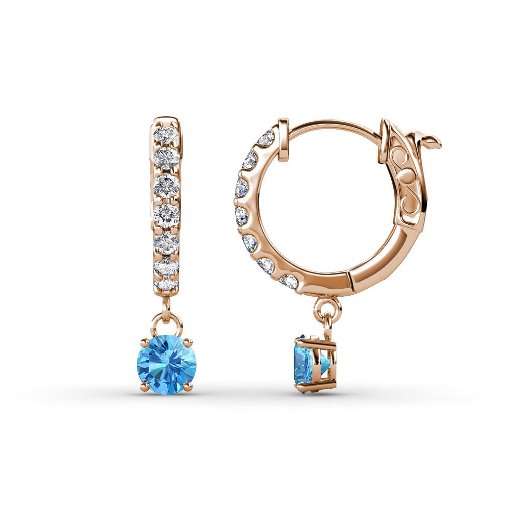 Nita (4mm) Round Blue Topaz and Diamond Dangle Huggie Hoop Earrings 