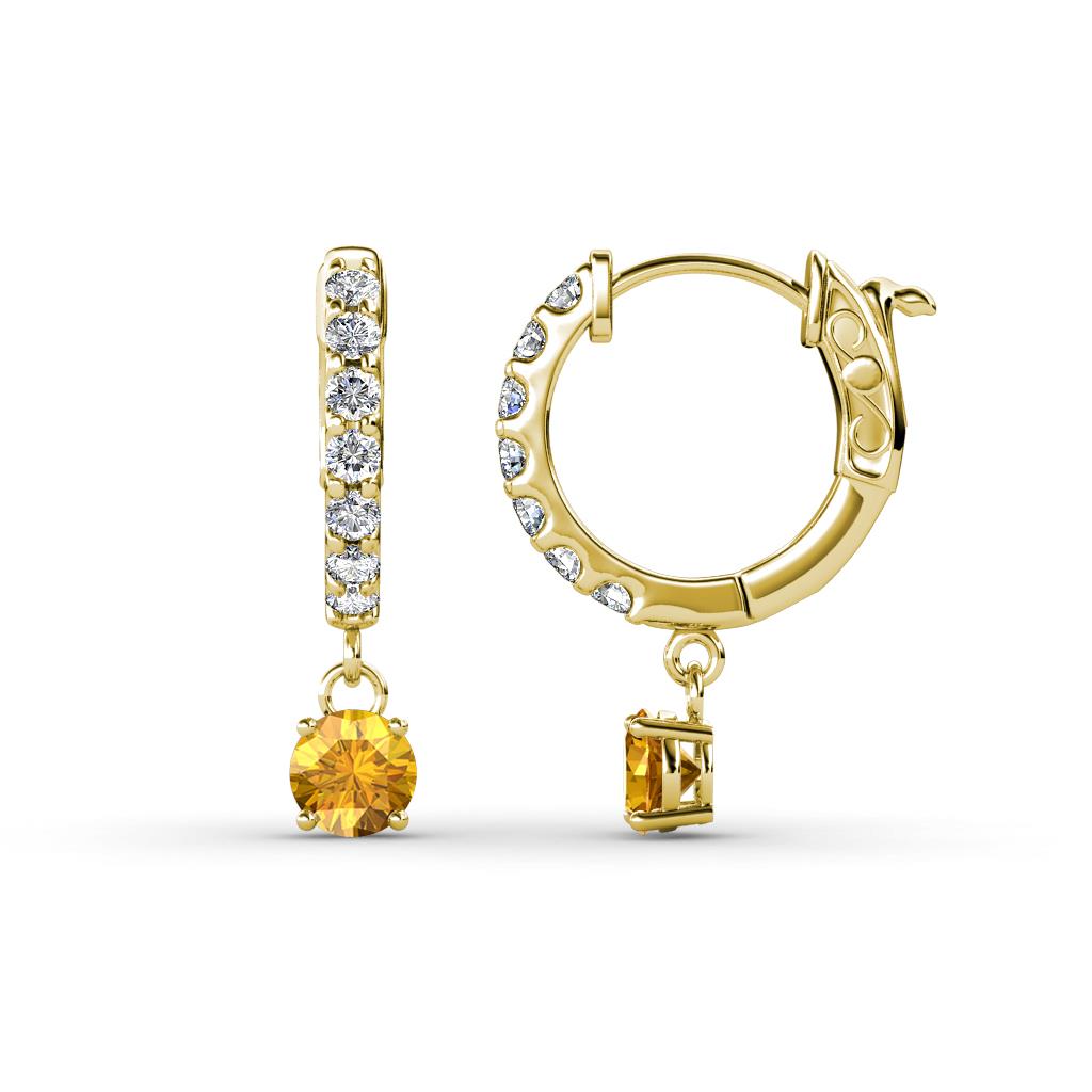 Nita (4mm) Round Citrine and Diamond Dangle Huggie Hoop Earrings 