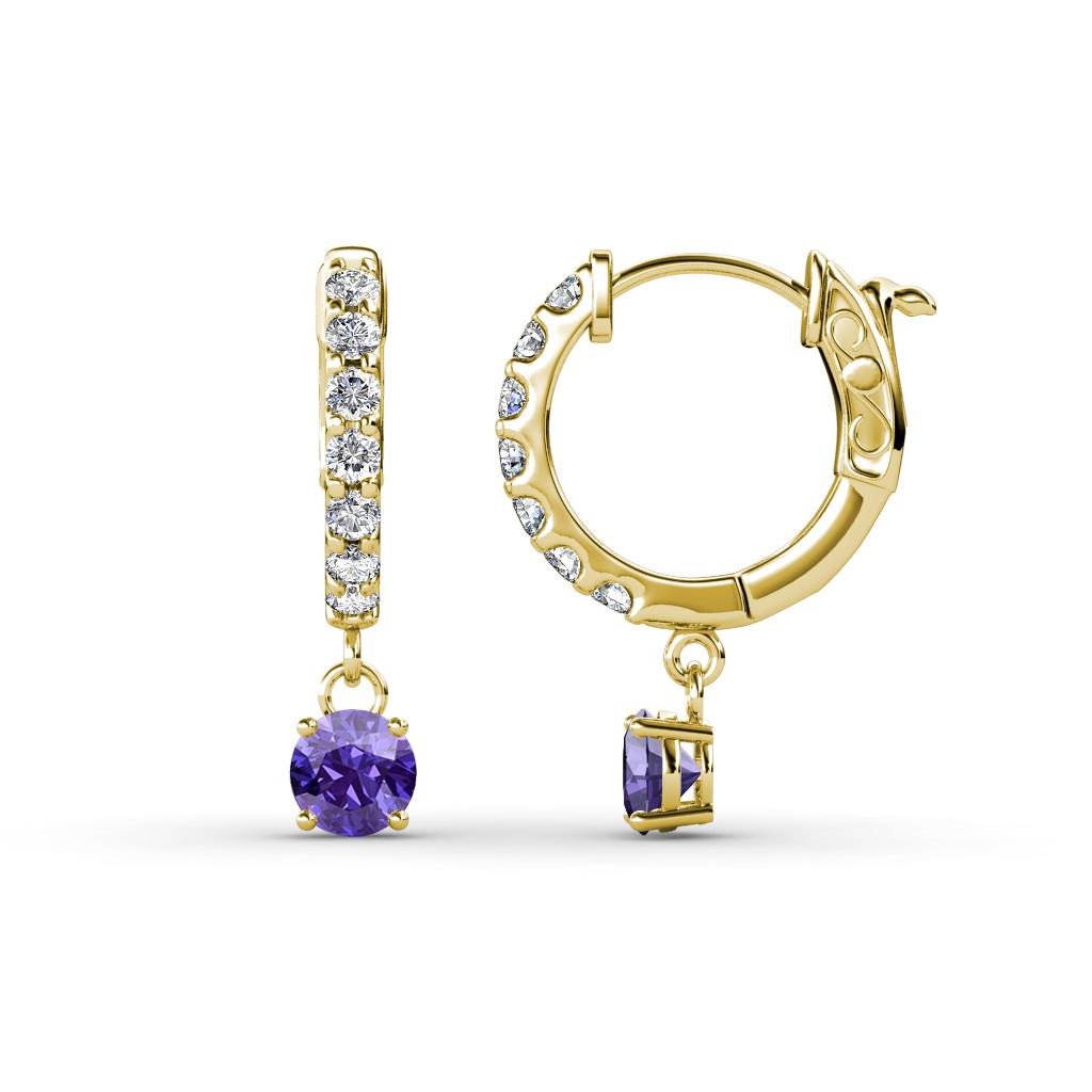 Nita (4mm) Round Iolite and Diamond Dangle Huggie Hoop Earrings 
