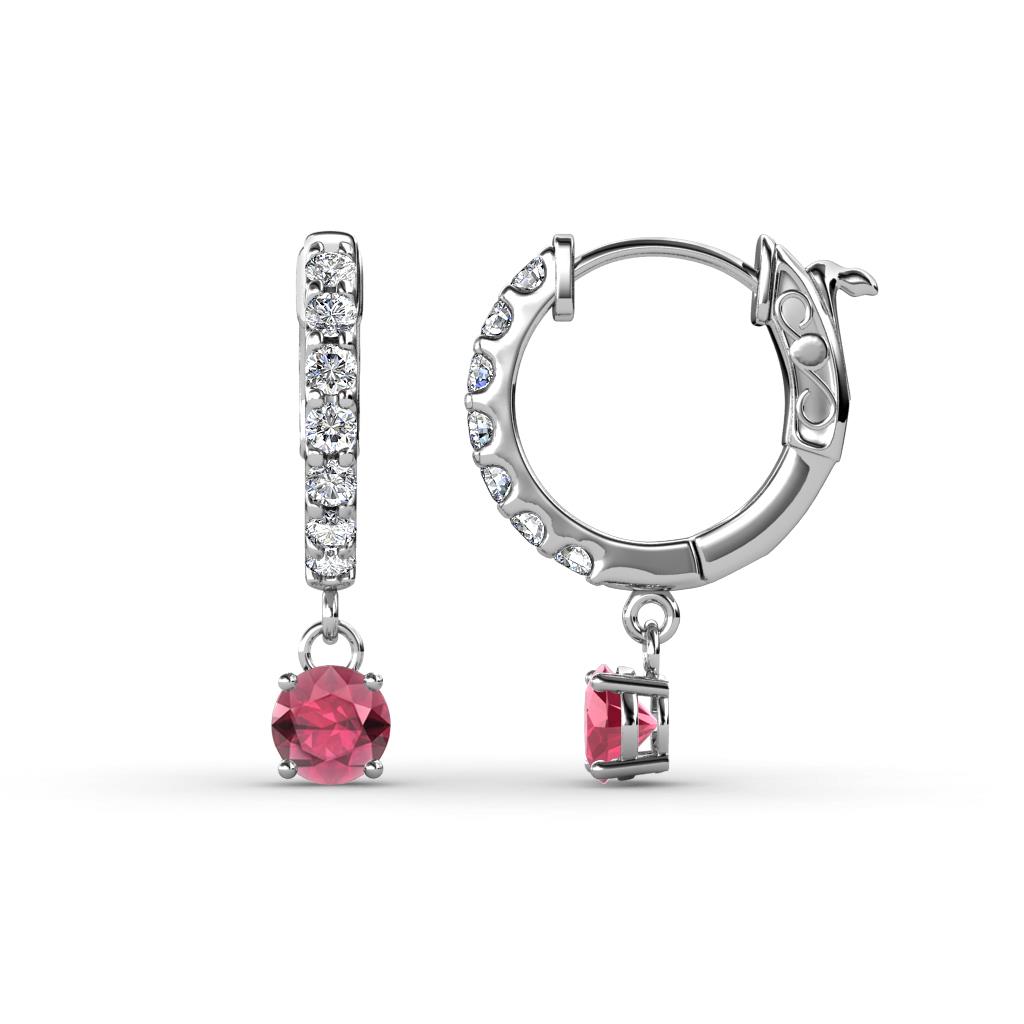 Nita (4mm) Round Rhodolite Garnet and Diamond Dangle Huggie Hoop Earrings 