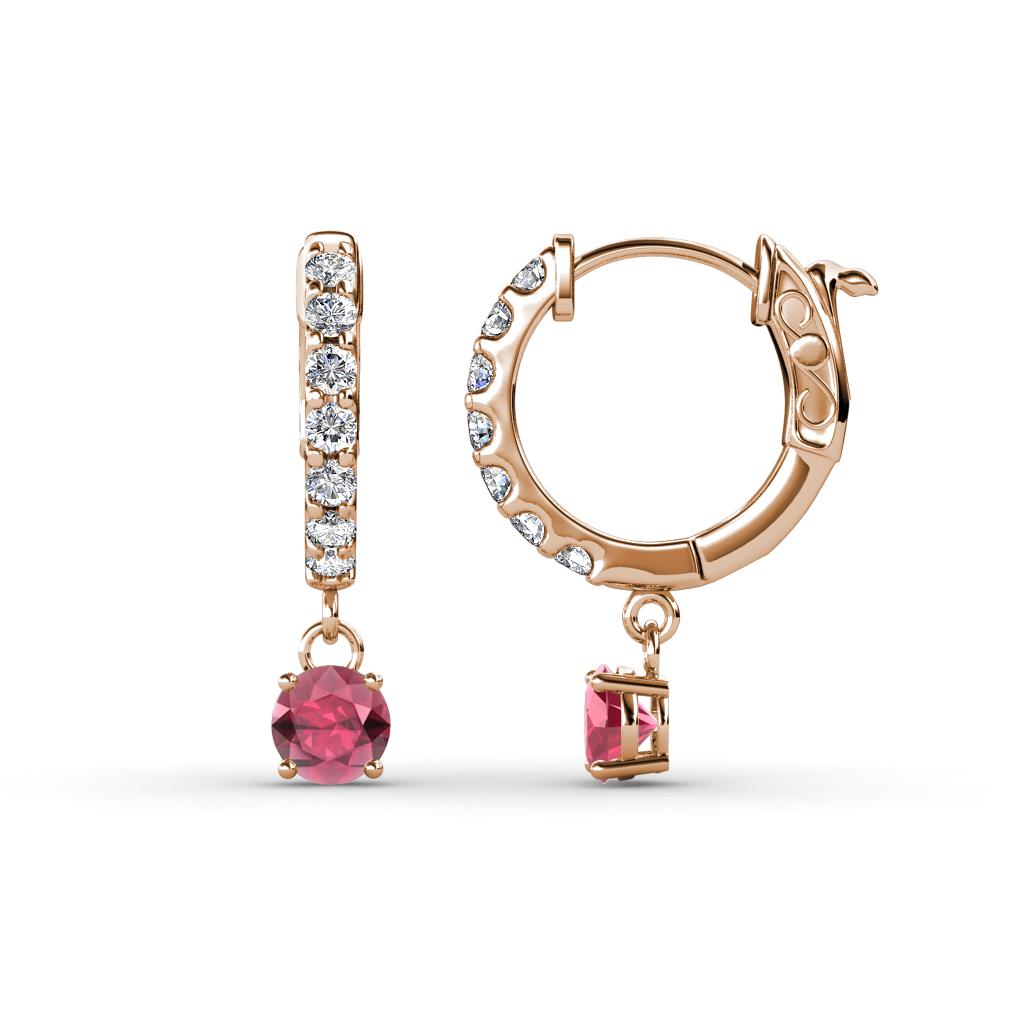 Nita (4mm) Round Rhodolite Garnet and Diamond Dangle Huggie Hoop Earrings 
