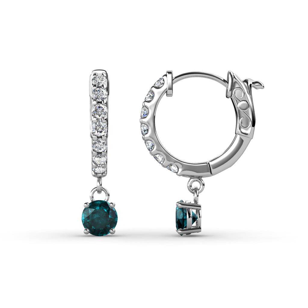 Nita (4mm) Round London Blue Topaz and Diamond Dangle Huggie Hoop Earrings 