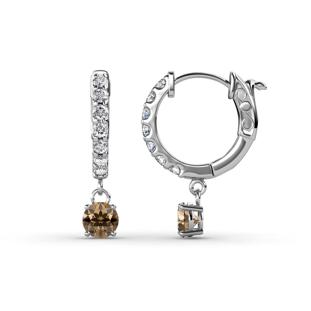 Nita (4mm) Round Smoky Quartz and Diamond Dangle Huggie Hoop Earrings 